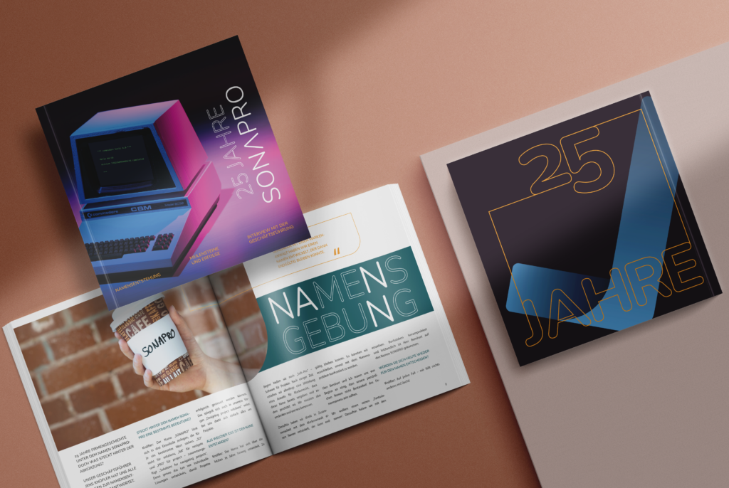 Jubiläumsmagazin SONAPRO als Mockup vor einem einfarbigem Hintergrund präsentiert