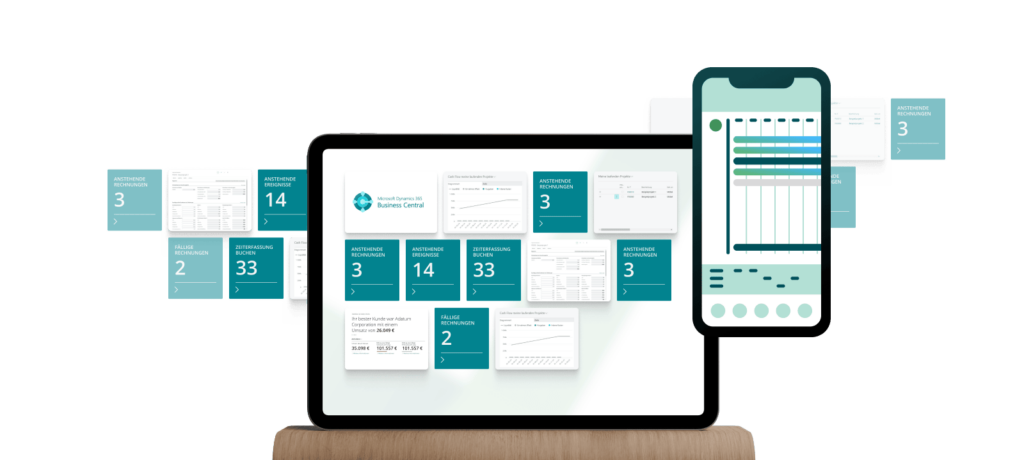 Tablet zeigt die wichtige Registerkarten und Funktionen aus Business Central, daneben ist der Bildschirm eines Handys mit grafischer Auswertung