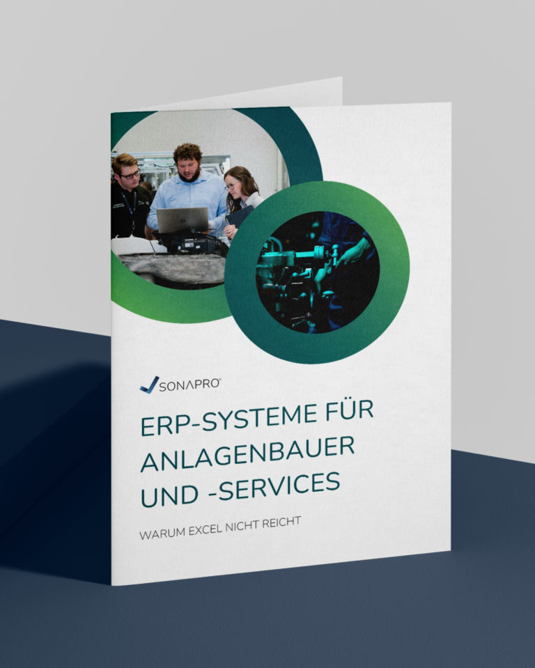 Das Bild zeigt das ERP-Systeme für Anlagenbauer Whitepaper auf dunklem Tisch und hellem Hintergrund