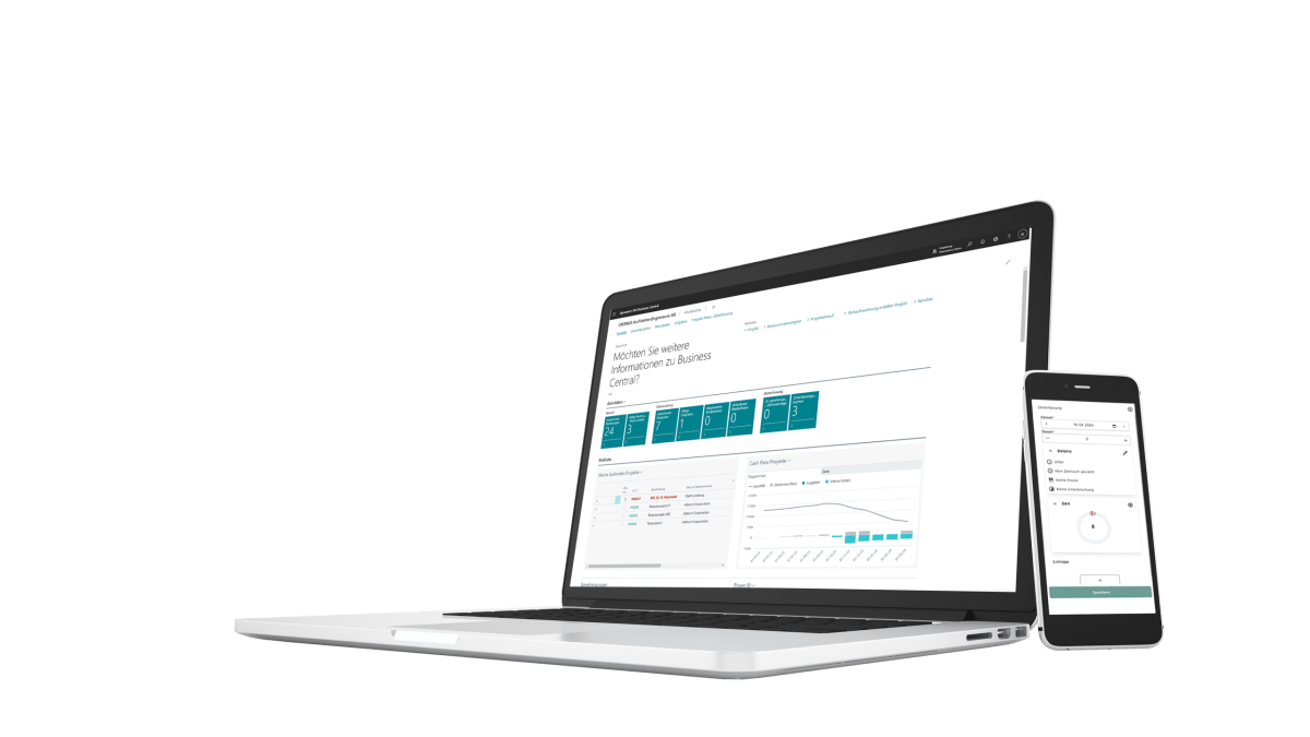 Ein Mockup von Microsoft Dynamics 365 Business Central eines Laptops und eines Smartphones vor schwarzem Hintergrund, die beide die Benutzeroberfläche einer ERP-Software mit Projektdaten und Dashboards anzeigen.