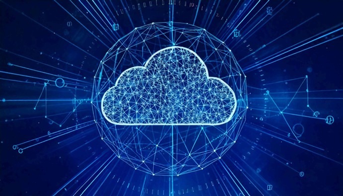 Eine abstrakte digitale Illustration zum Thema Cloud-Computing auf dunkelblauem Hintergrund. Im Zentrum befindet sich eine netzwerkartige Kugel, in deren Mitte eine leuchtende Wolke aus Linien und Knotenpunkten („Nodes“) abgebildet ist. Von der Kugel strahlen feine blaue Lichtlinien und Datenströme in den gesamten Raum ab.