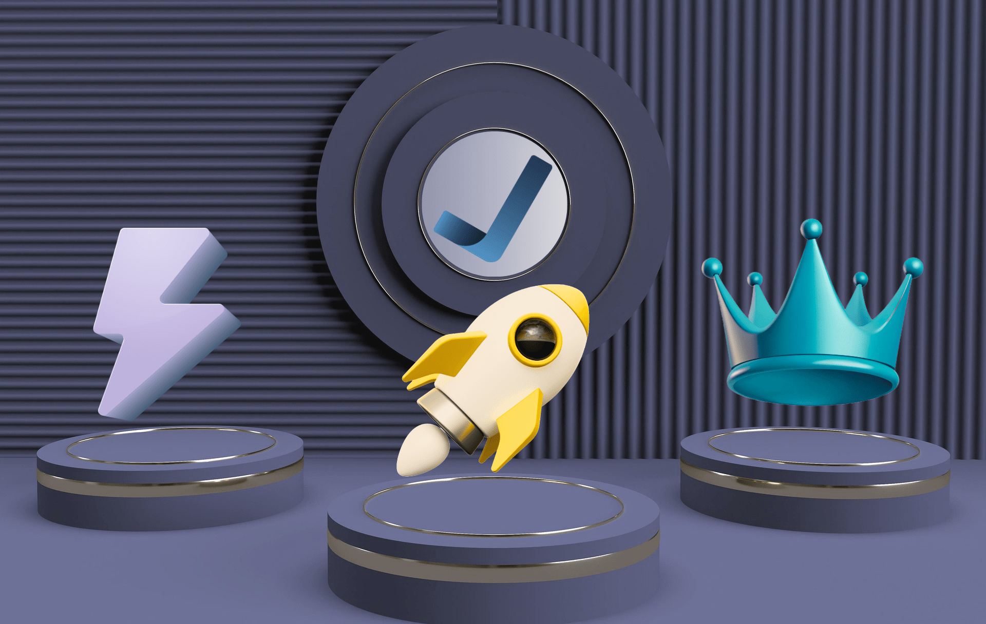 Eine abstrakte 3D-Illustration in Blautönen, die drei runde Podeste mit Symbolen zeigt, welche verschiedene Servicepakete repräsentieren. Links steht ein Podest mit einem hellblauen Blitz-Symbol, in der Mitte ein Podest mit einer schwebenden, gelb-weißen Rakete und einem runden Hintergrundelement mit Häkchen-Logo, und rechts ein Podest mit einer leuchtend türkisen Krone.