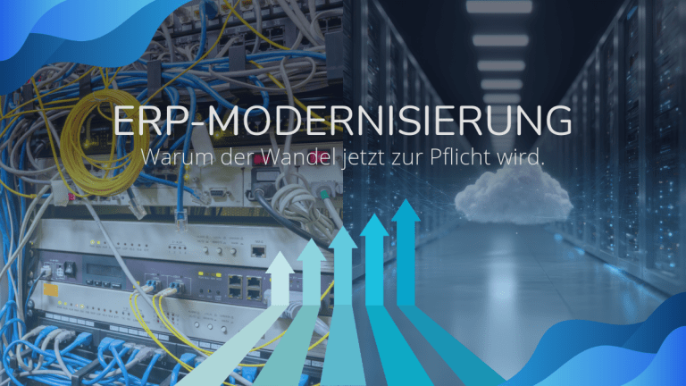 Eine geteilte Grafik mit der Aufschrift „ERP-MODERNISIERUNG – Warum der Wandel jetzt zur Pflicht wird“. Die linke Seite zeigt das unordentliche Kabelgewirr physischer Server (On-Premise), während die rechte Seite in einen cleanen Serverraum mit einer digitalen Cloud und nach oben gerichteten, wachsenden blauen Pfeilen übergeht.