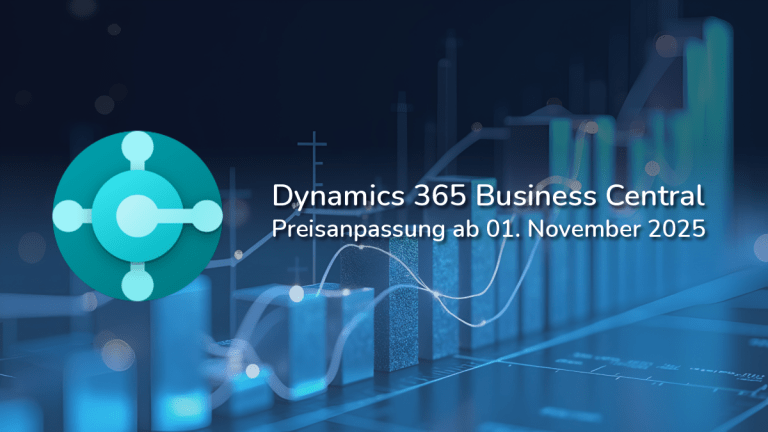 Eine Grafik auf dunkelblauem Hintergrund mit dem Business-Central-Logo auf der linken Seite. In der Mitte steht der Text „Dynamics 365 Business Central – Preisanpassung ab 01. November 2025“. Im Hintergrund sind aufsteigende Balkendiagramme und geschwungene Trendlinien zu sehen.