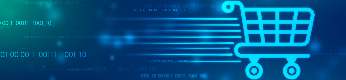 Eine digitale Grafik in Blau- und Türkistönen, die einen hellblauen Einkaufswagen auf Rädern zeigt, der sich nach rechts bewegt und durch horizontale Linien und binäre Code-Sequenzen im Hintergrund den Eindruck von Geschwindigkeit und E-Commerce erweckt.