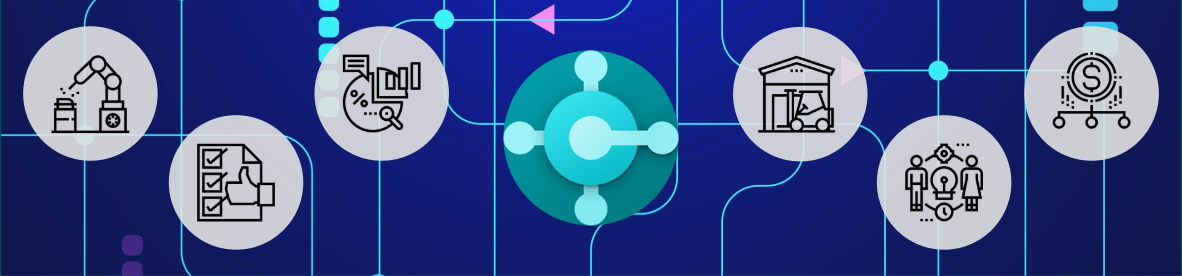 Eine blaue Netzwerk-Grafik mit einem zentralen Business-Central-Logo. Um das Logo herum sind sechs graue Kreise mit schwarzen Icons angeordnet, die verschiedene Geschäftsbereiche wie Produktion, Dokumentenprüfung, Analysen, Lagerhaltung, Personalwesen und Finanzen symbolisieren.