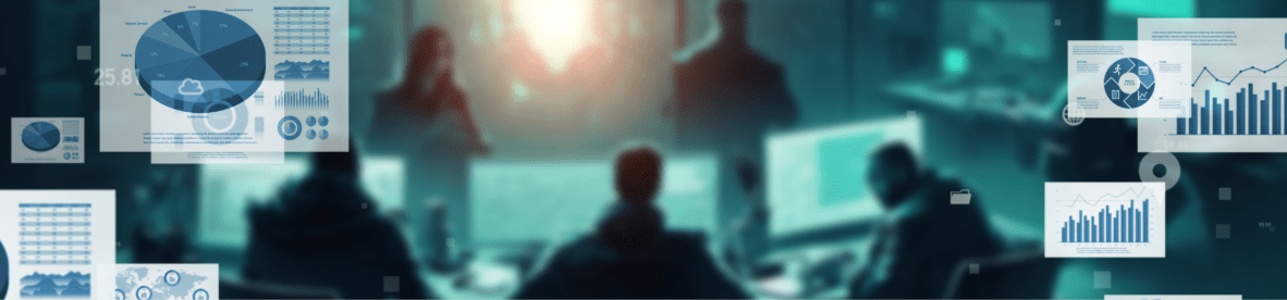 Eine in dunklen Türkis- und Blautönen gehaltene Büro- oder Kontrollraumszene mit mehreren Personen, die vor leuchtenden Bildschirmen arbeiten. Über den Raum legen sich grafisch eingeblendete Datenfenster, Tabellen, Kreis- und Balkendiagramme.