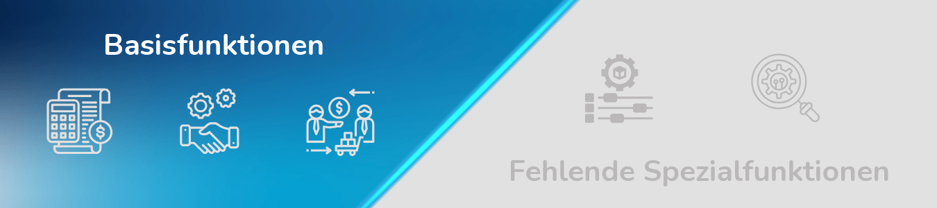 Eine zweigeteilte Grafik: Die linke blaue Hälfte zeigt die Überschrift „Basisfunktionen“ mit drei weißen Icons zu Finanzen und Prozessen. Die rechte graue Hälfte zeigt unter dem Text „Fehlende Spezialfunktionen“ zwei weitere Icons, getrennt durch eine diagonale, hellblau leuchtende Linie.