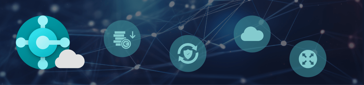 Eine blaue Netzwerk-Grafik mit einem großen Business-Central-Logo links, das von einer kleinen Wolke ergänzt wird. Rechts daneben sind vier türkisfarbene Kreise mit Icons angeordnet, die verschiedene Cloud-Vorteile wie sinkende Kosten, Sicherheit/Updates, Cloud-Infrastruktur und Skalierbarkeit symbolisieren.