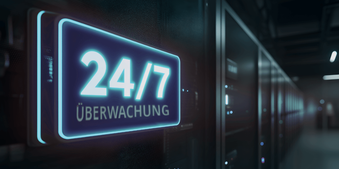 Ein beleuchtetes Schild an einem Server-Rack in einem Rechenzentrum mit der Aufschrift „24/7 ÜBERWACHUNG“ in großen, hellen Lettern.