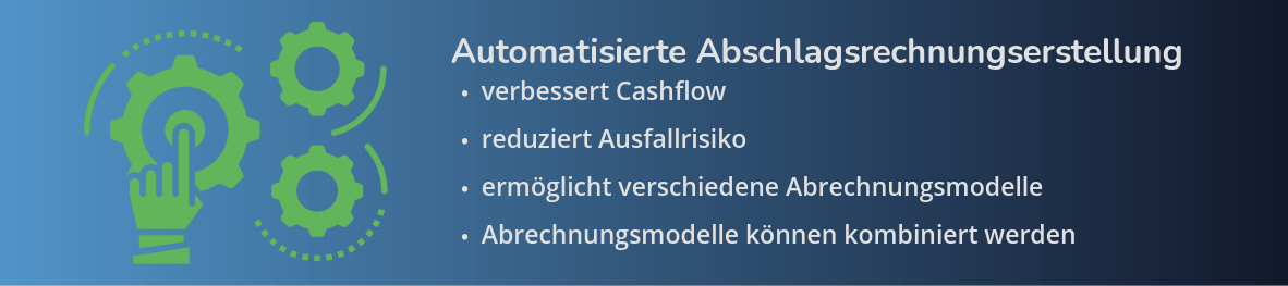 Eine blaue Grafik, die links grüne Zahnräder und eine Hand zeigt, die ein Zahnrad bedient. Rechts daneben steht die Überschrift „Automatisierte Abschlagsrechnungserstellung“ gefolgt von einer Liste mit vier Punkten: „verbessert Cashflow“, „reduziert Ausfallrisiko“, „ermöglicht verschiedene Abrechnungsmodelle“ und „Abrechnungsmodelle können kombiniert werden“.