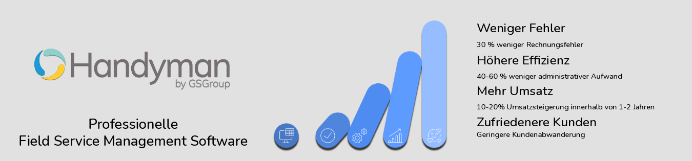 Das Bild zeigt das Logo von „Handyman by GSGroup“ sowie den Untertitel „Professionelle Field Service Management Software“.
Vorteile und Kennzahlen:
Weniger Fehler: 30 % weniger Rechnungsfehler.
Höhere Effizienz: 40–60 % weniger administrativer Aufwand.
Mehr Umsatz: 10–20 % Umsatzsteigerung innerhalb von 1–2 Jahren.
Zufriedenere Kunden: Geringere Kundenabwanderung.
