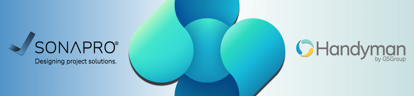 Das Bild zeigt eine grafische Darstellung mit den Logos und Marken beider Partner auf einem blau-türkisfarbenen Farbverlaufshintergrund.
Linke Seite: Das Logo von SONAPRO mit dem Slogan „Designing project solutions.“.
Rechte Seite: Das Logo von Handyman by GSGroup.