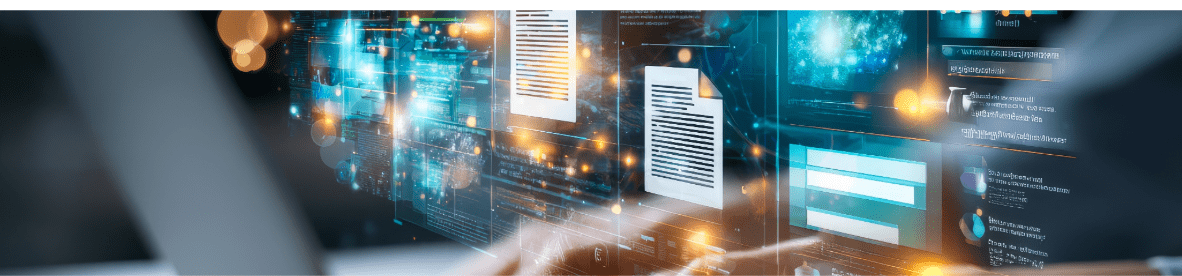 Eine abstrakte digitale Benutzeroberfläche mit mehreren schwebenden, leuchtenden Dokumenten und Datenfenstern, die vor einem verschwommenen Hintergrund mit Lichtpunkten und Netzwerken dargestellt werden.