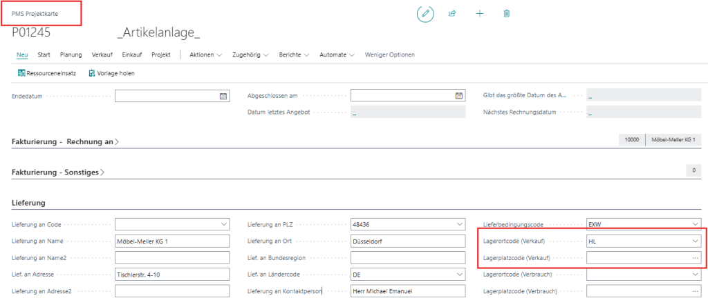 "Screenshot der smartPROJECT productionapp: Die PMS Projektkarte zeigt die zentrale Zuweisung von Lagerorten für den automatisierten, fehlerfreien Warenfluss ohne manuelle Umbuchungen.