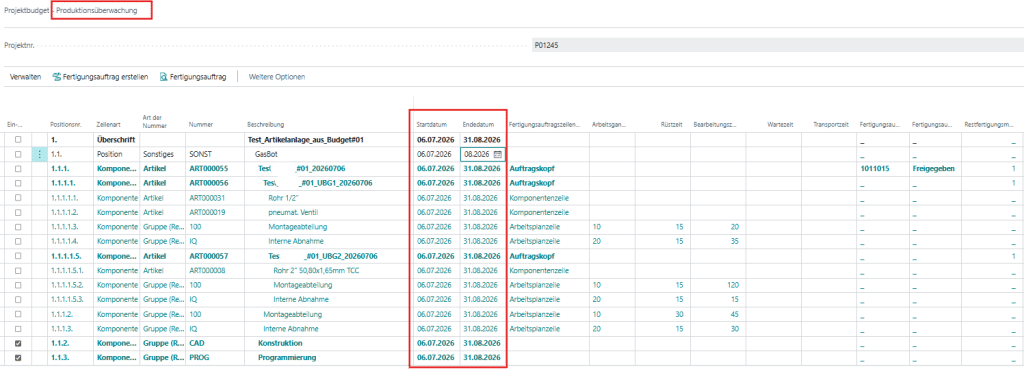 Screenshot der smartPROJECT productionapp: Die Ansicht 'Produktionsüberwachung' im Projektbudget liefert Echtzeit-Transparenz über Start- und Endtermine (rot markiert) sowie Restmengen, um den Fertigungsstatus aller Aufträge auf einen Blick zu erfassen.