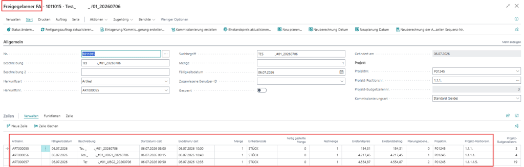 Screenshot der smartPROJECT productionapp: Die Detailansicht eines 'Freigegebenen Fertigungsauftrags' in Business Central, die im unteren Bereich (rot markiert) die genaue Aufschlüsselung aller Komponenten und zugehörigen Projektdaten für eine präzise Fertigungssteuerung anzeigt.