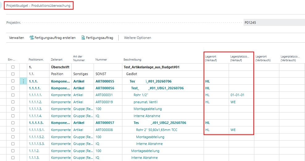 Screenshot der smartPROJECT productionapp: Die Ansicht 'Projektbudget - Produktionsüberwachung' zeigt die lückenlose Transparenz über Lagerorte und Lagerplätze (rot markiert) für projektbezogene Artikel, um den Materialfluss bei Verbrauch und Verkauf zu optimieren.