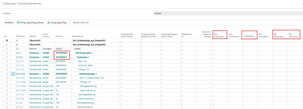 Screenshot der smartPROJECT productionapp: Die 'Projektbudget - Produktionsüberwachung' zeigt neu generierte Artikelnummern sowie die Spalten für Stücklistennr., Arbeitsplannr. und projektbezogene Arbeitspläne (rot markiert) zur Wahrung der Rückverfolgbarkeit ohne Beeinflussung der globalen Stammdaten.