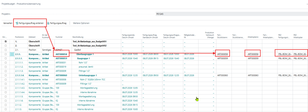 Screenshot der smartPROJECT productionapp: Die 'Projektbudget - Produktionsüberwachung' veranschaulicht die automatische Erstellung von projektbezogenen Fertigungsstücklisten und Arbeitsplänen auf Knopfdruck (hervorgehoben durch rote Markierungen und Pfeile).