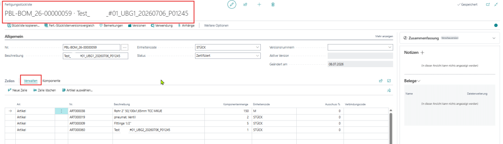 Screenshot der smartPROJECT productionapp: Die Detailansicht der projektbezogenen 'Fertigungsstückliste' zeigt die rot markierten Verwaltungsoptionen in Business Central zur flexiblen Anpassung von Komponenten bei Lieferschwierigkeiten oder Projektänderungen.