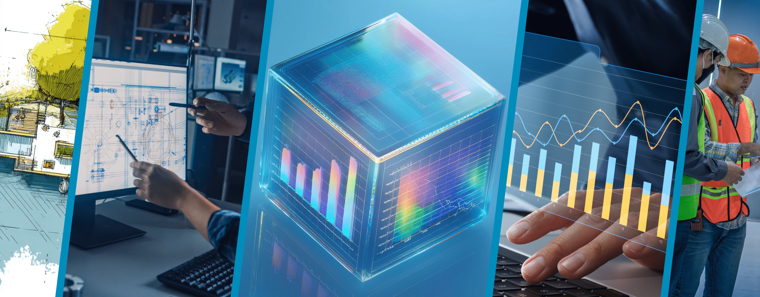 Vierteilige Collage: Links eine architektonische Skizze eines Hauses, gefolgt von einer Person, die an einem CAD-Programm arbeitet. In der Mitte ein leuchtender, digitaler 3D-Datenwürfel mit Grafiken. Rechts eine Person, die statistische Daten auf einem transparenten Display auswertet, und am rechten Rand zwei Bauarbeiter in Sicherheitskleidung bei der Arbeit.