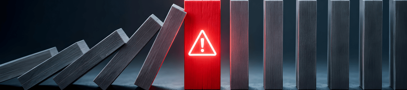 Dominosteine fallen von links nach rechts um stoppen an einem Roten mit Warnsignal versehenen Dominostein an dem alle weiteren stehen bleiben.